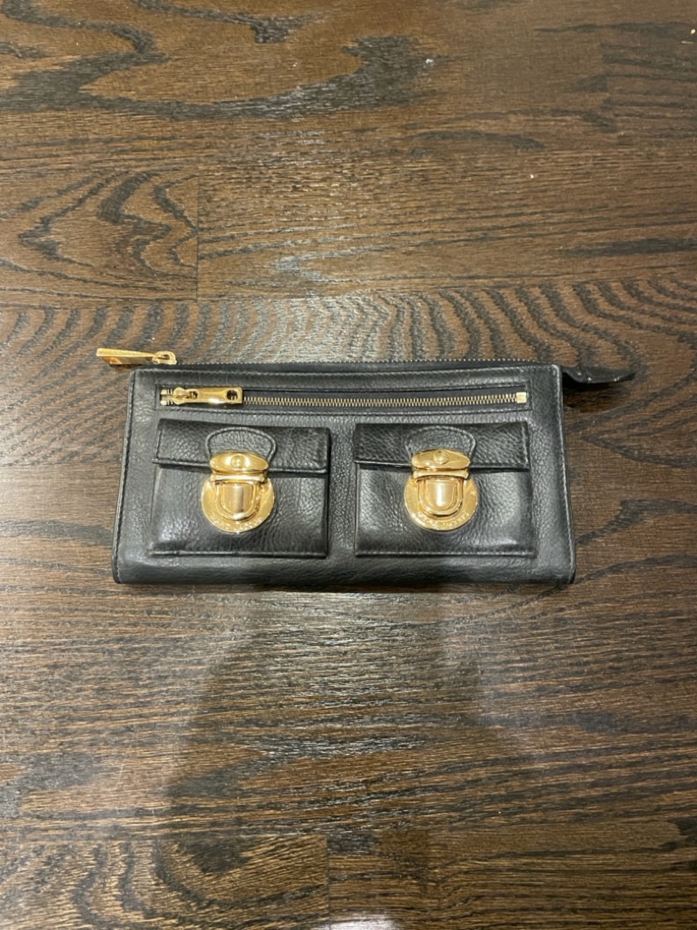 Marc Jacobs Black Leather Clutch Wallet with Gold Hardware